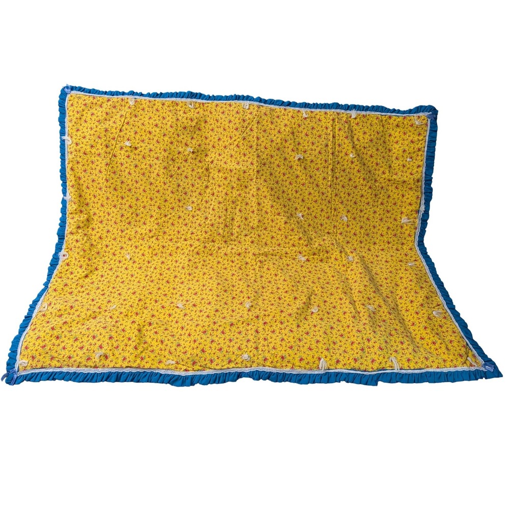 Vintage Retro Handmade Tied Quilt Yellow Floral Red Blue Ruffle Lace Trim Throw